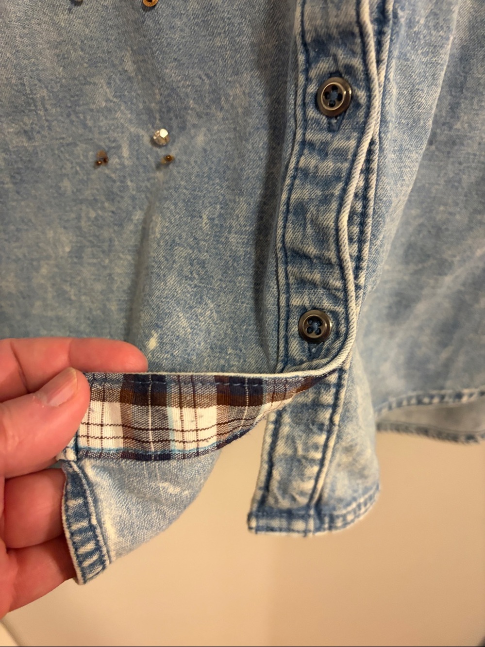 Pilcro RHINESTONE Blue Studded Denim Button-Down Shirt LARGE w/Beads - Picture 7 of 10